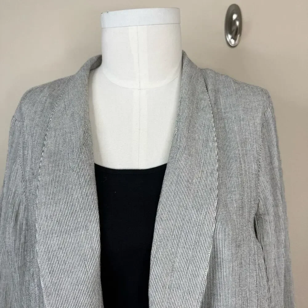 EILEEN FISHER Organic Cotton Linen Blend Open Front Jacket Black White Stripe XL